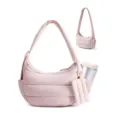 Pink quilted puffer shoulder bag detail, soft down alternative fabric with side pocket. - Lotus Pink