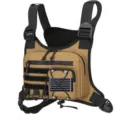 Tactical chest rig bag detail view, durable khaki nylon harness for outdoor running and sports. - Brown