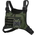 Tactical chest rig detail showing durable green fabric, secure zippers, and rugged buckles. - Green