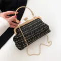 Vintage black gold tweed handbag with ornate metal handle and gold chain strap - Style 1 / Black