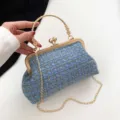 Vintage blue tweed handbag with elegant gold chain and refined metal handle strap detail - Style 3 / Blue