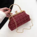 Elegant vintage burgundy tweed handbag with a gold handle and metal chain strap - Style 4 / Red