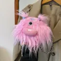 Cute pink furry monster doll crossbody bag with braids for girls - Large (19cm) / Pink