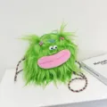Quirky green furry monster plush crossbody bag with pink lips and colorful rope strap - Large (19cm) / Green