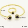 Elegante set bracciale e anello di perle placcato oro con zirconi neri rotondi da donna. - Bracelet and Ring Set / Oro Nero