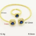 Set di gioielli con bracciale polsino e anello in rame dorato zircone blu quadrato. - Set Blu / Aperto regolabile