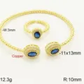 Set bracciale rigido e anello in rame placcato oro con zirconi blu ovali di moda. - Base Oro Pietra Blu