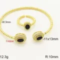 Bracciale e anello di perle in rame dorato con zircone cubico nero ovale, stile regolabile. - Base Oro Pietra Nera