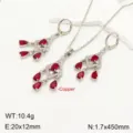 French Vintage Copper Zirconia Tassel Necklace Earrings Jewelry Set Red Teardrop Stones - Red