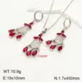 French retro copper cubic zirconia tassel earrings and necklace jewelry set elegant style. - Red