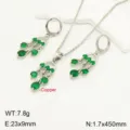 French vintage copper green zirconia tassel necklace earrings jewelry set variant details. - Silver-Green