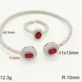 Micro-set red zirconia oval bracelet ring set, copper 18k white gold plated jewelry. - Silver Base Red Stone