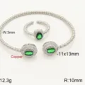 Adjustable copper green cubic zirconia oval ring and beaded bracelet jewelry set. - Silver Base Green Stone