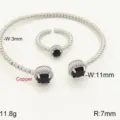 Set bracciale e anello con perline argentate e zircone nero, gioiello in rame regolabile. - Set Bracciale e Anello / Argento Nero