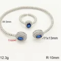 Micro-set geometric oval colored zirconia bracelet ring set, adjustable copper jewelry. - Silver Base Blue Stone