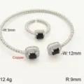 Micro-gezet geometrisch vierkant zircona armband en ring set koperen mode sieraden - Zwarte Stijl Set / Open Verstelbaar