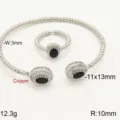 Micro-set oval black zircon adjustable beaded open bracelet and ring fashion jewelry set - Silver Base Black Stone
