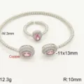 Chic beaded pink zirconia ring and bracelet set, adjustable copper fashion jewelry. - Silver Base Pink Stone