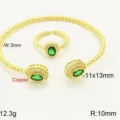 Gold-plated copper green zircon open cuff bracelet and ring jewelry set with elegant oval crystal design. - Gold Base Green Stone