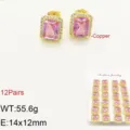 Orecchini a lobo in zircone rosa quadrato placcato oro 18K set da 12 paia eleganti. - 1 Paio/Confezione / Rosa