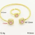 Micro-gezet geometrisch vierkante roze zirkonia armband en ring set in koper 18k goud. - Goud Roze Stijl Set / Open Verstelbaar