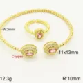 Gold Bead Bracelet Ring Set with Pink Oval Zirconia 18K Gold Plated Copper Jewelry - Gold Base Pink Stone