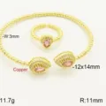 Set di bracciale aperto e anello regolabile in rame placcato oro zircone rosa moda. - Set Bracciale Anello Goccia / Base Oro Rosa