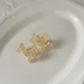 Dettaglio in primo piano di orecchini a perno con perla zircone farfalla dorata su piatto. - Oro Perla Champagne