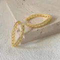 Primo piano dettagliato di orecchini a cerchio dorati traforati con zirconi lucidi. - Stile Cerchio Ovale Dorato