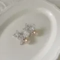 Primo piano dettagliato di orecchini di perle farfalla in zircone su un piatto di ceramica bianca. - Argento Champagne Perla Artificiale
