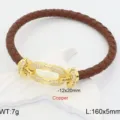 Brown braided leather bracelet with gold-plated horseshoe micro-set rhinestone clasp for daily wear. - Coffee