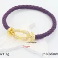 Purple braided leather bracelet with gold-plated horseshoe clasp and sparkling cubic zirconia. - Purple
