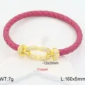 Pink braided leather bracelet with gold horseshoe micro-inlaid zircon clasp fashion jewelry - Rose Red