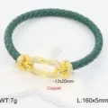 Green braided leather bracelet with gold diamond horseshoe clasp for men and women stylish jewelry - Green