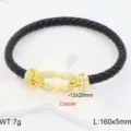 Black braided leather bracelet with gold horseshoe micro-paved cubic zirconia clasp stylish - Black