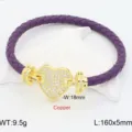 Bracciale in pelle intrecciata viola con chiusura a cuore in oro e zirconi, chic. - Viola