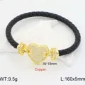 Bracciale in pelle intrecciata nera con cuore dorato pavé di zirconi per coppie. - Nero