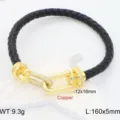Vista dettagliata del bracciale in pelle intrecciata nera con chiusura dorata e zirconi. - Nero