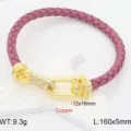 Pink braided leather bracelet with pavé shackle clasp stylish design size 160x5mm - Rose Red