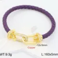 Purple braided leather bracelet with gold-plated U-shaped diamond clasp, stylish jewelry. - Purple