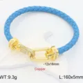 Blue braided leather bracelet with gold U-lock clasp, elegant designer style jewelry. - Sky Blue