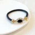 Lusso vintage bracciale in pelle intrecciata con pietre zirconi placcate oro 18k stile moda donna. - Nero