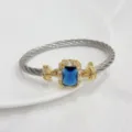 Bracciale rigido retrò di lusso con gemma blu e fibbia in zircone dorato da donna - Argento Blu