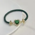 Green heart zircon braided leather bracelet, 18k gold plated copper fashion luxury jewelry. - Green