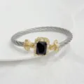 European retro 18k gold plated cable wire bracelet with square black cubic zirconia detail - Silver Black