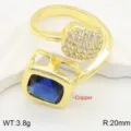 Anello geometrico aperto con pietra blu e zirconi in rame bagnato in oro per donna. - Aperto regolabile / 3.8g (Raggio 20mm) / Blu