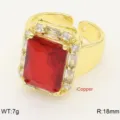Anello placcato oro regolabile con grande pietra rossa rettangolare e zirconi luminosi. - Rosso