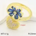 Anello in rame dorato con fiore blu e cuore in zircone pavé. Misura R:23mm peso 4.1g elegante. - Aperto regolabile / Blu