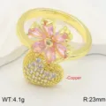 Anello in rame dorato con fiore in zircone rosa e cuore pavé. Stile elegante e unico. - Aperto regolabile / Rosa