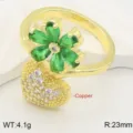 Verguld koperen open ring met groene zirkonia bloem en fonkelende hartvormige hanger. - Open Verstelbaar / Groen